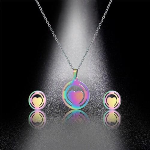 Stainless Steel Round Love Heart Necklace Earrings For Women Colorful Cute BFF Best Gifts For Her His Choker Party Jewelry Sets
