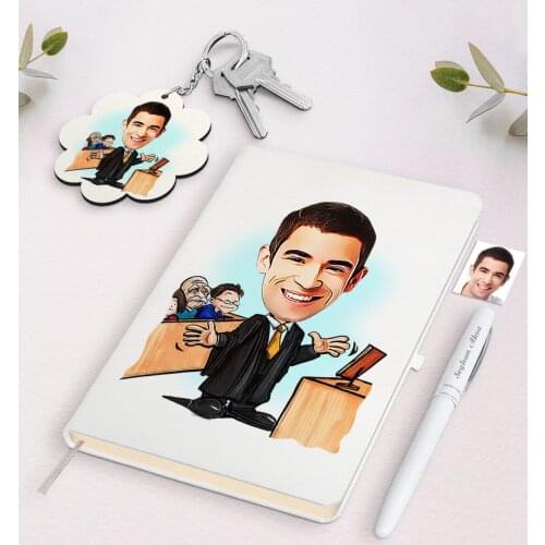 Personalized Men 'S Attorney Caricature Of White Notebook pen And Keychain Gift Seti-3 Reliable Quality Gift Casual design