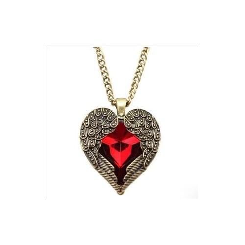 Angel Wing Pendant Red Crystal Heart Necklace Rhinestone Peach Heart Wings Long Sweater Necklace Female Jewelry 2021