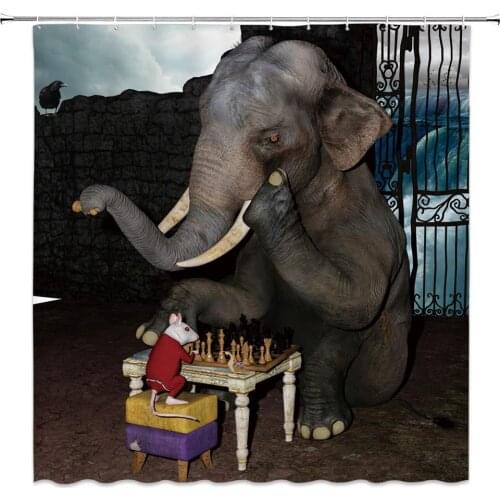 Funny Animal Decor Shower Curtain Elephant and Mouse Playing Chess Fabric Bathroom Curtains Polyester with Hooks