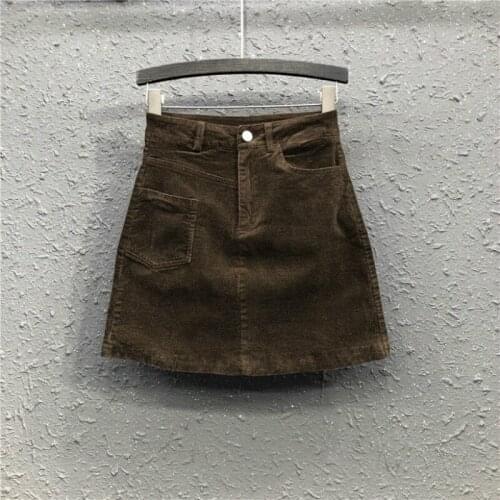2021 New Autumn Winter Brown Black Corduroy Mini Skirt Women Ladies Skirts Vintage High Waist Pockets A-line Skirt Mujer Y421