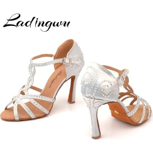 Ladingwu Hot Latin Dance Shoes Women For Silver grey Satin Dance Shoes Salsa Girls For Shine Rhinestone Ballroom Dance Shoes