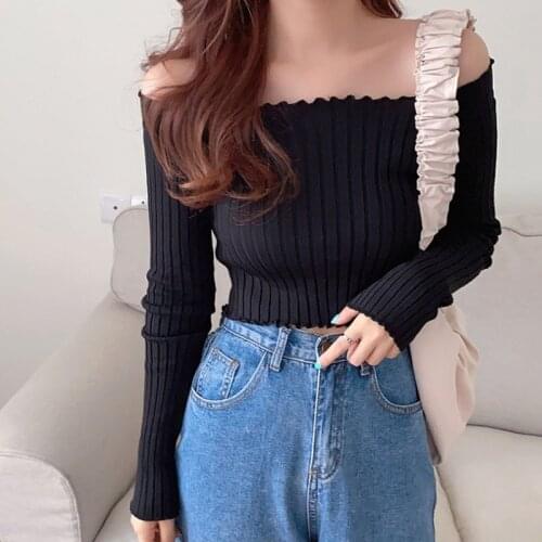Spring And Autumn Retro Slimming Square Neck Pit Strip T-shirt Women Solid Long Sleeve Sweater Top