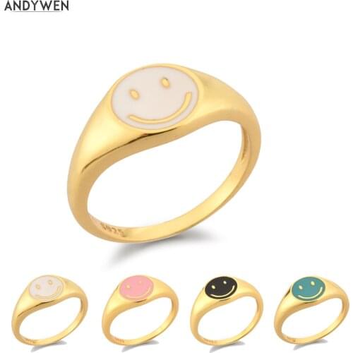 ANDYWEN 925 Sterling Silver Size 5 9 10 Gold Smiley Face Ring Women Enamel Pink White Black Turquoise Happy Smile Rings Jewelry