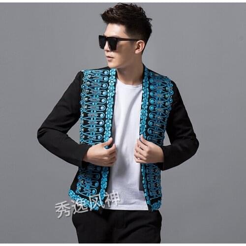 100%real men luxury sky blue beading black fashion event/stage performance short tuxedo jacket/stage performance/ASIA SIZE