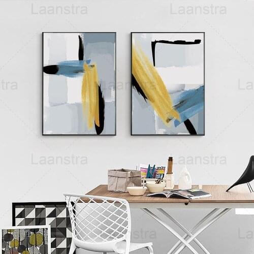 Abstract Home Decoration Painting Gray Shading Blue Yellow Brush Feeling Living Room Wall Art Canvas Poster Bedroom Coffee Shop