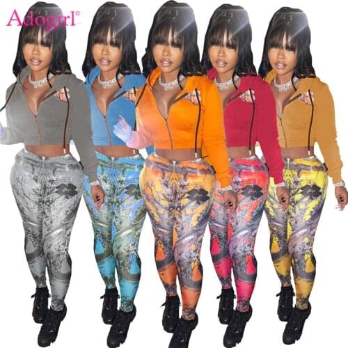 Adogirl Women Fashion Print Two Piece Set Long Sleeve Zipper Fleece Hoodies Crop Top Pencil Pants Casual Suit Female Tracksuit