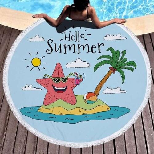 Free shipping Hello Summer Crab Starfish Shark Dog Toucan Palm Trees Fringed Large Swim Bath Beach Towel Blanket Throw 150cm