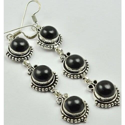 Black Onyx , Silver Overlay on Copper Earrings, 80 mm , E2596
