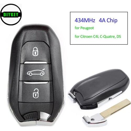DIYKEY Smart Remote Key Fob 434MHz 4A Chip 3 Button for Peugeot 508 308 408 4008 301 , for Citroen C4L C-Quatre, DS
