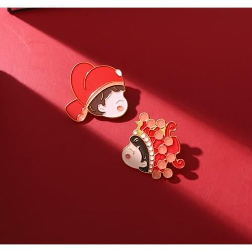 Wedding Dress Enamel Pins Red Chinese Style Western-style Brooches Jewelry Badge Accessories on Backpack Cap Gift for Couple