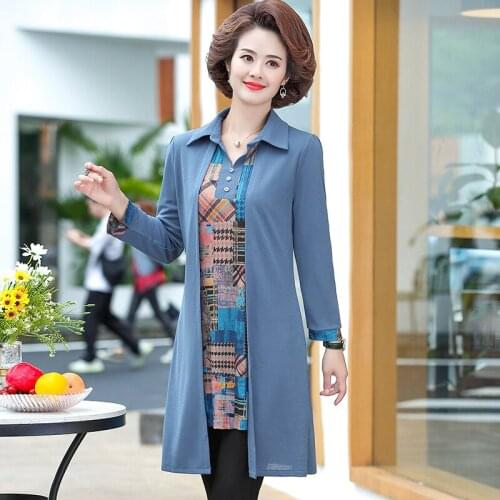 Fake Two Pieces Women Long T-shirt Spring Fall Printed Coat Tops Middle Age Mother Long Sleeve Large Size Tee Shirts Femme 5XL