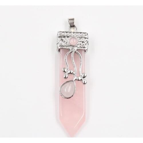 FYSL Silver Plated Leaf Flower Rose Pink Quartz Sword Shape Pendant Blue Turquoises Stone Jewelry