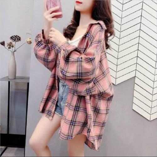 Spring And Autumn 2021 Girls' Long Sleeve Cotton Checked Shirt Student Long Sleeve Shirt Loose Medium Length Top Fashion Coat