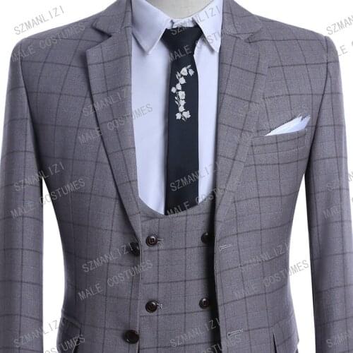 Costume Homme Mariage Terno Masculino 2019 High Quality Suit Men Grey Grid Slim Fit 3 Piece Men Suits Wedding Suit Groom Suit