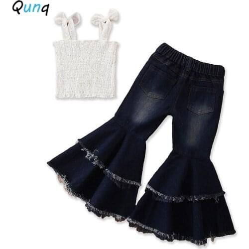 Summer Girls Clothes 2020 New Fashion Elastic White Vest Boot Cut Pant Kids Clothing Set Bow Toddler Children Suits for Girl
