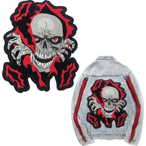 Punk Large Skull Head Motorcycle Iron On Embroidered Patches Stripes For Clothes Rock Biker Hippie Patch Applique Back Jacket