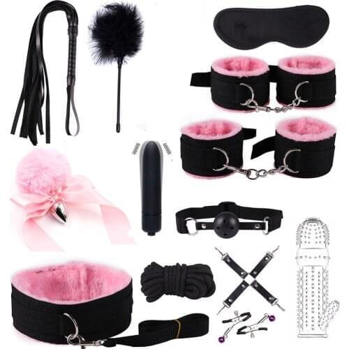 13 pcs Nylon BDSM Kits Plush Sex Bondage Set Handcuffs Sex Games Whip Gag Nipple Clamps Sex Toys For Couples Exotic Accessories