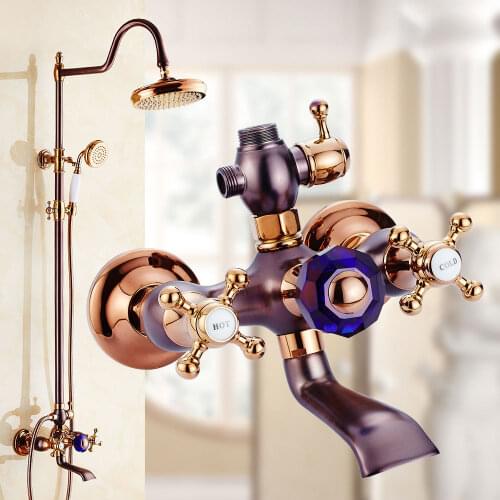 Shower Faucets Retro Brass Wall Mounted Bathroom Faucet Set 8" Big Round Rain Shower Head Handheld Bar Bath Mixer Taps