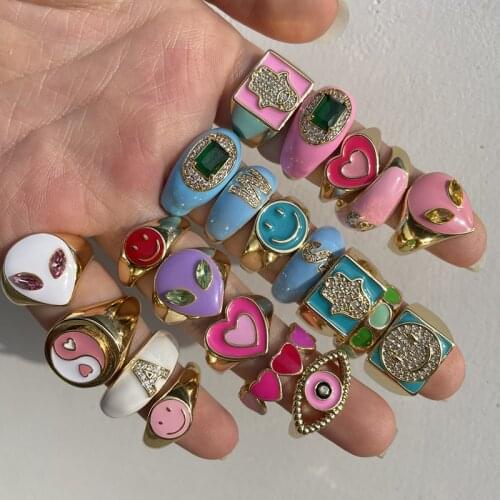 New Fashion Colorful Enamel Heart Shape Rings Enamel Stack Summer Lucky Jewelry Rings for Women Gift Travel Beach Accessories