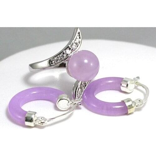 Wholesale christmas gift purple jade 12mm ring(#7.8.9) and U shape earring jewelry set