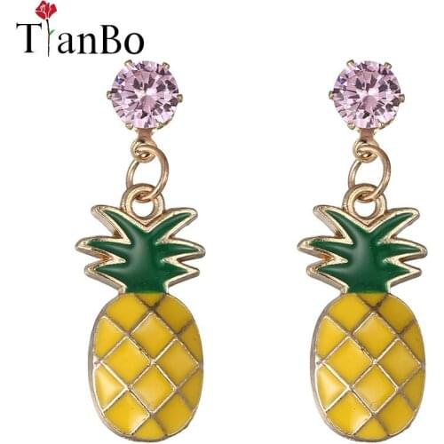 TianBo New Fashion Pineapple Fruit Golden Dangle Hanging Zircon CZ Crystal Gem Stone Drop Earrings For Women Jewelry Gift