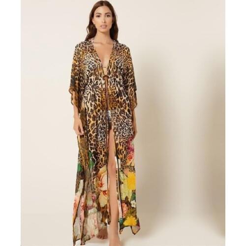 Print Chiffon Beach Cover up Tunics for Beach Long Kaftan Bikini Cover up Robe de Plage Sarong Beach Swimsuit coverup Q1178