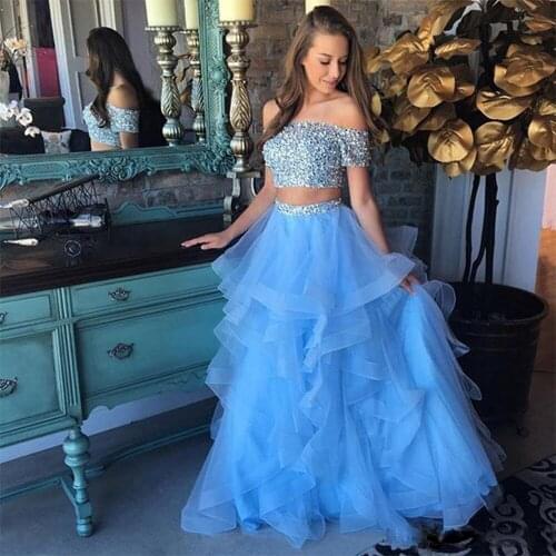Two-piece blue wedding dress, short sleeve beaded evening dress, zipper back, lotus leaf skirt, bridal gown lf07