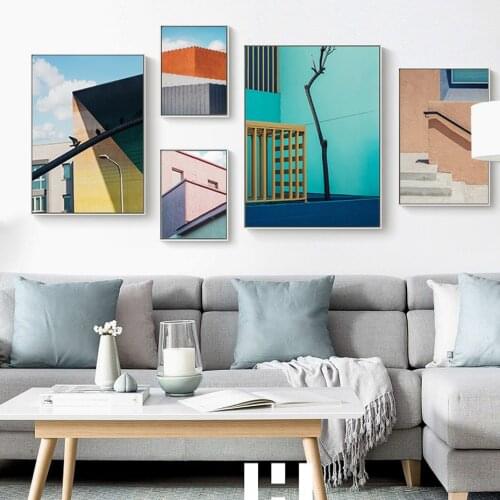 Nordic Refresh Colorful Building Wall Art Canvas Painting Prints Pink Printed Posters and Pictures forGirl‘s Room Home Decor