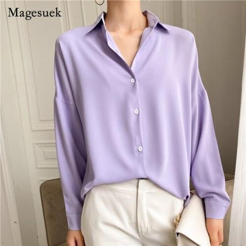 Solid chic chiffon Blouse Women Multi color Casual Lapel Loose Long Sleeve Elegant White Pink Tops 2021 Casual Plus Size 9862