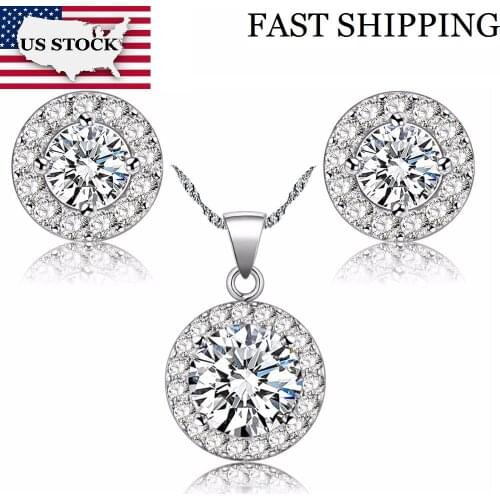 USA STOCK Uloveido 50% Crystal Jewelry Set Gift for Women Wedding Accessories Silver Color White Necklace Earrings JST001