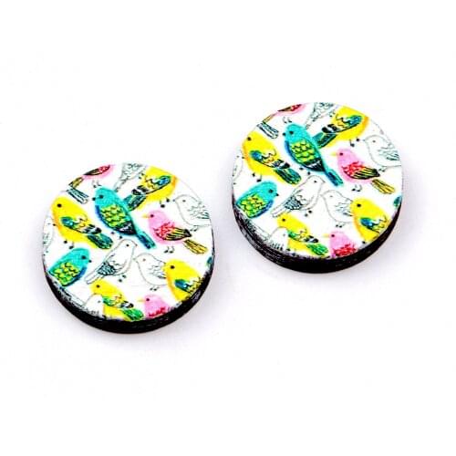 Unique 3D Bird Embossed 16mm Round Coloured Drawing pattern Laser Cut wood Cabochon DIY for Rings, Earring,Brooch,Necklace