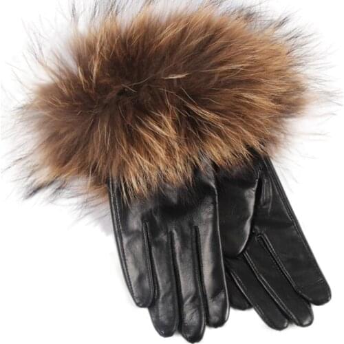High-grade Womens Winter Sheepskin Gloves Real Raccoon Fur Genuine Leather Gloves Female Black Red