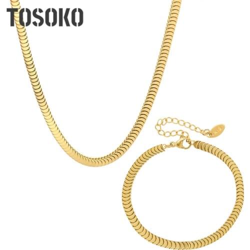 TOSOKO Stainless Steel Jewelry Simple And Versatile Jewelry Set Plated 18 K Stacked Blade Chain Necklace Bracelet Set P303-E265