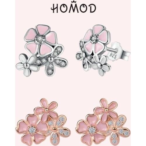 HOMOD Pink & White Enamel Cherry Blossom Stud Earrings Crystal CZ Poetic Daisy Flower Brand Earrings For Women Jewelry