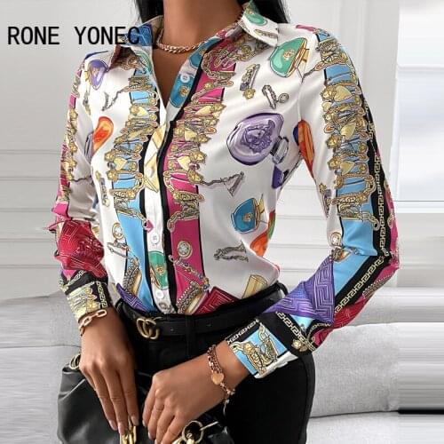 Women Chic Elegant All Over Print Long Sleeves button Straight Blazer Blouse