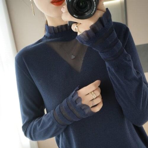 Womens pullover 2021 autumn/winter new casual solid color 100% wool sweater frilly collar cashmere sweater womens hollow top