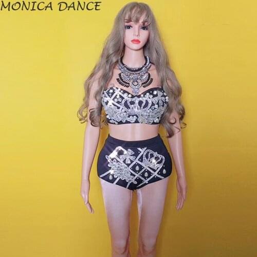 Women Sexy Sparkly Crystals Black Bikini Outfit Bras Short Necklace Costume Singer Stage Performance Wear Sexy Dance Outfits