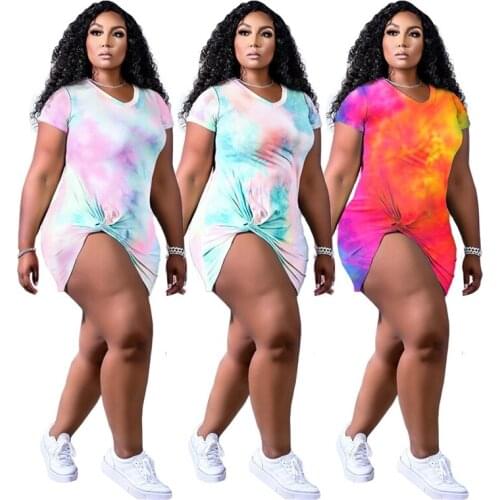 ZKYZWX Sexy Tie Dye Plus Size Mini Dress Short Sleeve Summer Clothes for Women Bodycon Clubwear Outfits Evening Party Dresses