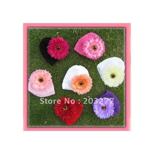 Free shipping!! 12pcs/lot 7 colors 6'' crochet cap crochet beanies with daisy flowers can mix order