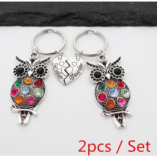2pcs/Set Alloy Inlaid Owl Keychain Keyring Best Friend Keychain Mother Daughter Keychain Gifts For Mom and Daughter