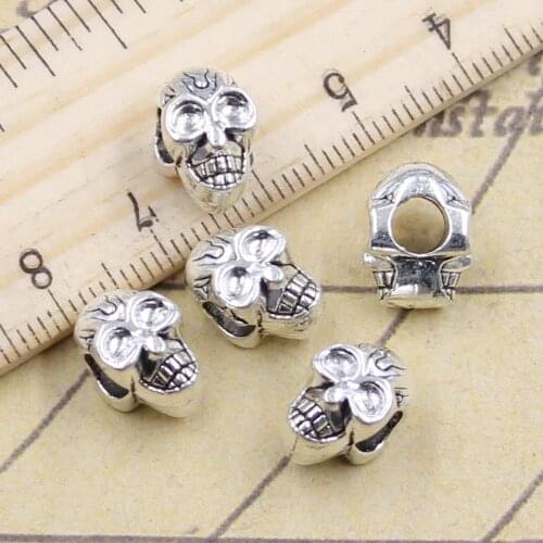 10pcs Beads Skull Skeleton Head 4.5mm Big Hole Charms European Pendant Fit For Bracelet DIY Antique Silver Color Fit Making