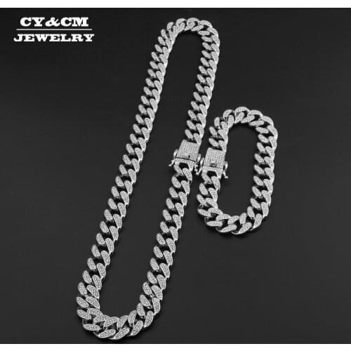 Iced Out Bling Rhinestone Golden Miami Cuban Link Chain CZ Necklace Mens Hip hop Necklaces Bracelets Set for Men Drop Shipping