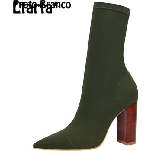 PRETO BRANCO New Women Winter Boots High-heeled Pointed Elastic Womens Boots Fashion Warm Calf Womens Booties DS-3129-3