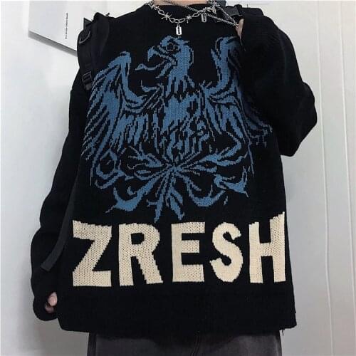 Harajuku Cartoon Monster Sweater Women College Style Sweater Vintage Loose Round Neck Knitted Sweater Thick Casual Man Sweater