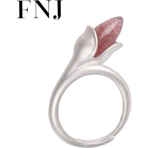 FNJ Big Natural strawberry quartz Ring 925 Silver Vintage Original S925 Sterling Silver Rings for Women Jewelry Adjustable size
