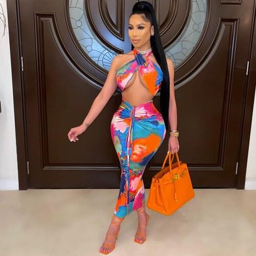 Criss Cross Halter Backless Tie Dye Print Crop Top and Ruched Drawstring Maxi Skirts Off The Shoulder Beachwear Two Piece Sets