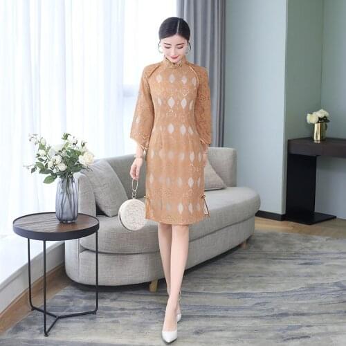 Spring Summer New Improved Cheongsam Lace Dress Large Size Slim Cheongsam Dress Fashion Womens Clothing Flared Sleeves Qipao