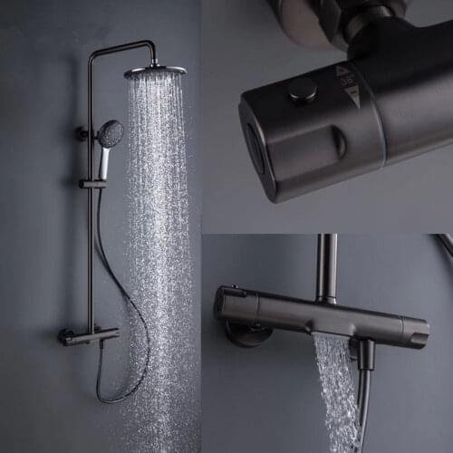 Brushed Gold Bathroom Thermostatic Shower Faucet Solid Brass Rain Shower Set Wall Mounted Water Mixer Luxurious Shower Kit