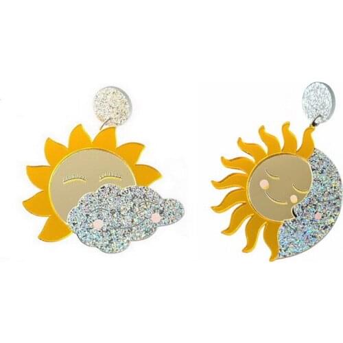 Trendy Smiling Face Sun Moon Cloud Earrings With Gold Mirror Glittery Acrylic Sunflower Dangle Earrings Fashion Jewelry E121610